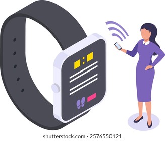 Businesswoman in a purple dress interacts with a large smartwatch and smartphone, illustrating modern wearable technology and connectivity in a digital lifestyle