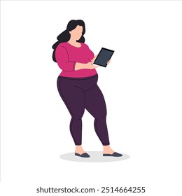 A businesswoman in purple pants and a pink shirt holds a tablet, showcasing her professional demeanor and style, flat vector illustration