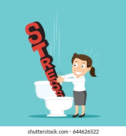 Businesswoman push button word stress down the toilet, Stress management concept