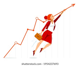 Businesswoman pushes growth graph chart up to financial success vector illustration, motivated business woman accountant CEO or entrepreneur increasing income diagram.