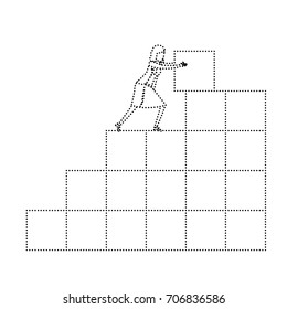 businesswoman pushing a block in structure of bricks monochrome silhouette dotted vector illustration