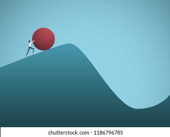 Businesswoman pushing boulder uphill vector concept of Sisyphus. Symbol of hard work, futile effort, strength, struggle, challenge but also motivation and ambition. Eps10 vector illustration.