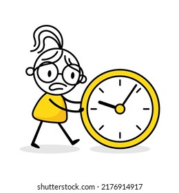 Businesswoman pushing a clock on white background. Hand drawn doodle woman. Vector stock illustration.