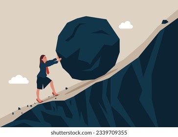 Businesswoman pushing huge stone up the hill. Business problem crisis hardship and burden. Vector Illustration.