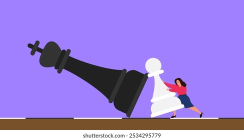 businesswoman pushing large pawn figure playing chess vector illustration