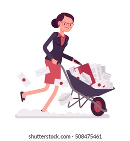 Businesswoman pushing quickly a wheelbarrow full of paper. Cartoon vector flat-style concept illustration