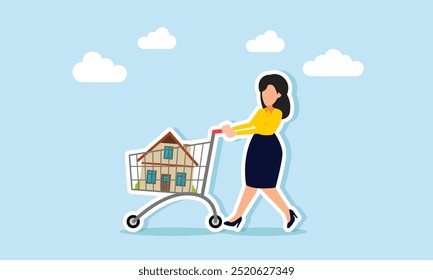 A businesswoman pushing a shopping cart filled with house properties, illustration of the purchase of property as an attractive asset for investment