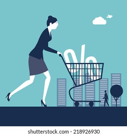 Businesswoman pushing a shopping cart with a percentage sign
