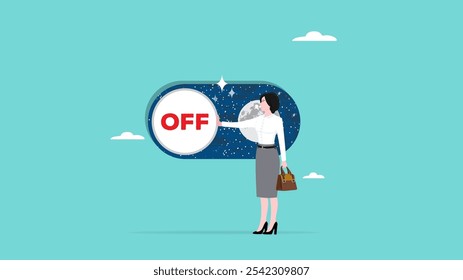 businesswoman pushing toggle switch off button slider bar illustration, day-night toggle button concept, day and nigh interface design, business operation concept illustration, off mode business