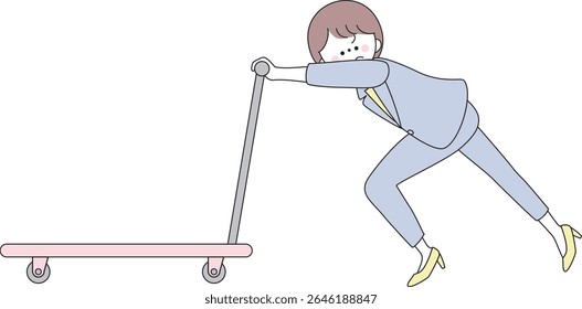 Businesswoman pushing trolley with effort