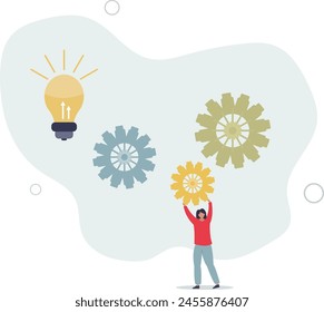 businesswoman put gear into system to improve development process.flat vector illustration.