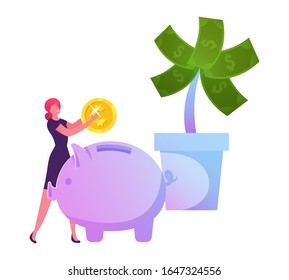 Businesswoman Put Golden Coin to Piggy Bank near Huge Potted Money Tree with Dollars. Investment Strategy, Savings and Capital, Finctech, Financial Technologies. Cartoon Flat Vector Illustration