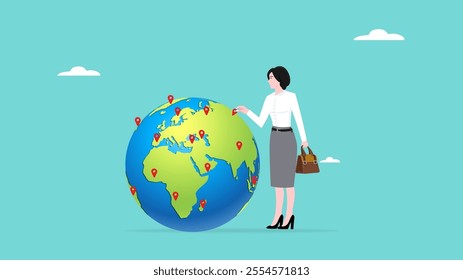 Businesswoman put new branch pin on world map across globe. Global business expansion, open company branches, franchise in new location to cover all continent. growing business worldwide concept