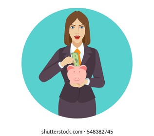 Businesswoman puts banknote in a piggy bank. Businesswoman save money in piggy bank. Portrait of businesswoman in a flat style. Vector illustration.