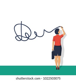 Businesswoman puts signature. Vector illustration flat design. Modern technology business. Agree. Legal confirmation. Young successful female.
