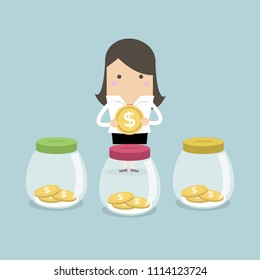 Businesswoman Putting Coin Into Jar Vector.