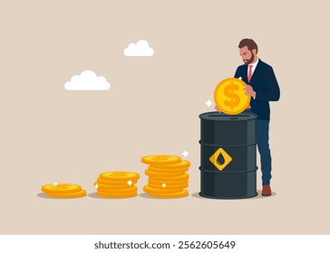 Businesswoman putting coin a oil barrel. Invests money into crude oil to get return profit, returns from the costs that have been invested. Flat vector illustration