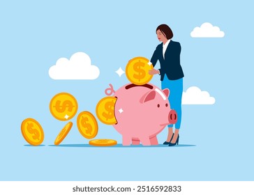 Businesswoman putting coin a piggy bank. Invests money into big piggy bank to get return profit, returns from the costs that have been invested. Flat vector illustration