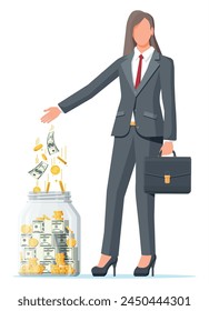 Businesswoman putting gold dollar banknote in moneybox. Glass money jar full of money. Growth, income, savings, investment. Symbol of wealth. Business success. Flat style vector illustration.