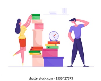 Businesswoman Putting Paper Documents in Folders in Huge Heap for Overwork Office Employee Finish Work with Documentation. Deadline, Company Boss Hurry Worker with Job. Flat Vector Illustration