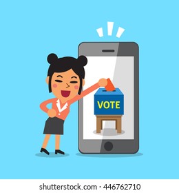 Businesswoman putting voting paper in smartphone