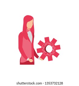 businesswoman with puzzle pieces in shape pinion