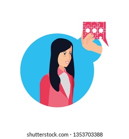 businesswoman with puzzle pieces in shape speech bubble