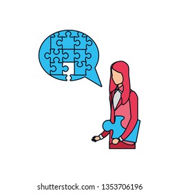 businesswoman with puzzle pieces in shape speech bubble