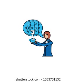 businesswoman with puzzle pieces in shape speech bubble