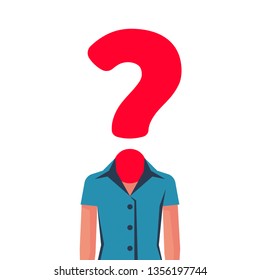 Businesswoman with question mark instead of head. Female in front of whom the big problems and solution issues. Vector illustration flat design. Isolated on white background.
