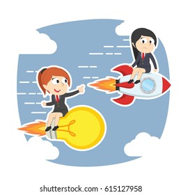 businesswoman racing with idea and rocket