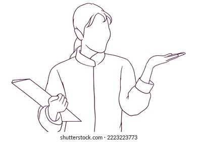  businesswoman raise her palm hand drawn style vector illustration