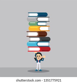 Businesswoman raiseing stack of books