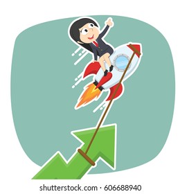 businesswoman raising graph using rocket
