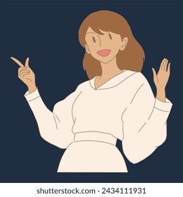 Businesswoman raising hand, pointing finger in side. Hand drawn flat cartoon character vector illustration