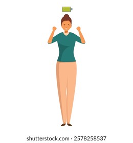 Businesswoman is raising her hands, full of energy with a charged battery icon above her head