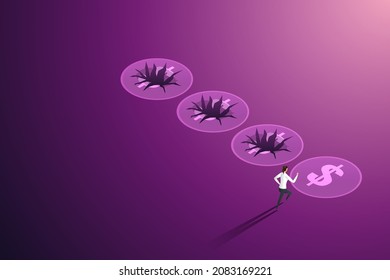 Businesswoman ran to a money trap pit. Risks or mistakes in financial investments. isometric vector illustration.