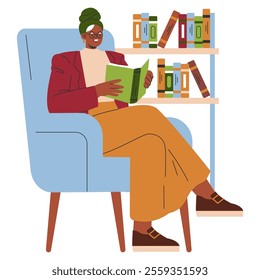 Businesswoman reading concept. Professional woman engages in personal development by reading books in a cozy chair. Intellectual growth and learning. Vector illustration.