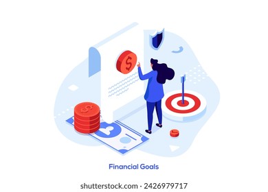 Businesswoman reading financial report. Entrepreneur controlling financial goals concept isometric vector illustration. Professional investor and trader cartoon character colour composition