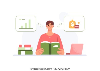 Businesswoman reads a book and considers how to define business strategy