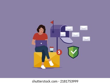 Businesswoman reads mail on laptop. Beauty female employee receive email. Digital marketing concept. Secure and fast mail. Online communication. 