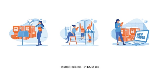 Businesswoman receives a call from a customer. Order confirmation.  Woman confirming customer order and address. set flat vector illustration.