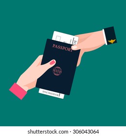 Businesswoman Receiving Boarding Pass and Passport from check-in Attendant. Close-up of a Businesswoman Handing Over Her Boarding Pass and Passport at Airport check-in. Vector Illustration.