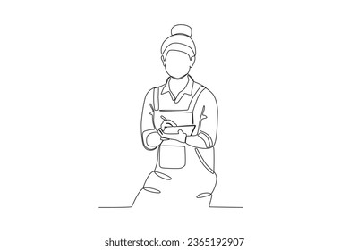 A businesswoman is recording her business income. Dia de la mujer emprendedora one-line drawing