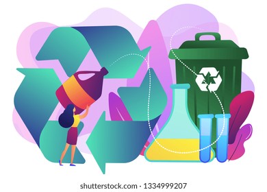 Businesswoman Recycling Plastic Detergent Bottle To Produce Chemicals. Chemical Recycling, Plastics Recycling Method, Polymeric Wastes Reuse Concept. Bright Vibrant Violet Vector Isolated Illustration