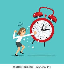 Businesswoman in red boxing gloves punching breaks an alarm clock ,illustration vector cartoon. 