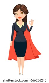 Businesswoman in a red cloak showing OK sign like super woman. She will manage everything. Business woman cute cartoon character. Vector illustration isolated on white background