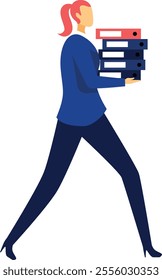 Businesswoman with red hair and blue suit walking and carrying a stack of office folders, representing a busy professional managing paperwork and administrative tasks