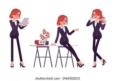 Businesswoman, red haired office worker standing, talking by phone. Manager in smart formal wear, administrative person, employee. Vector flat style cartoon illustration isolated, white background