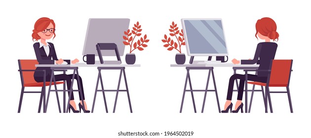 Businesswoman, red haired office worker sitting working with computer. Manager in smart formal wear, administrative person, employee. Vector flat style cartoon illustration isolated, white background